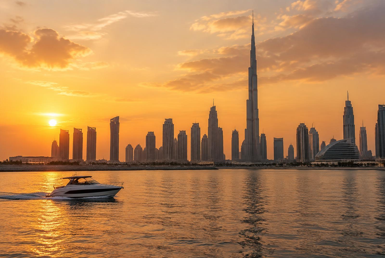 Dubais silhuett över vattnet i varmt kvällsljus