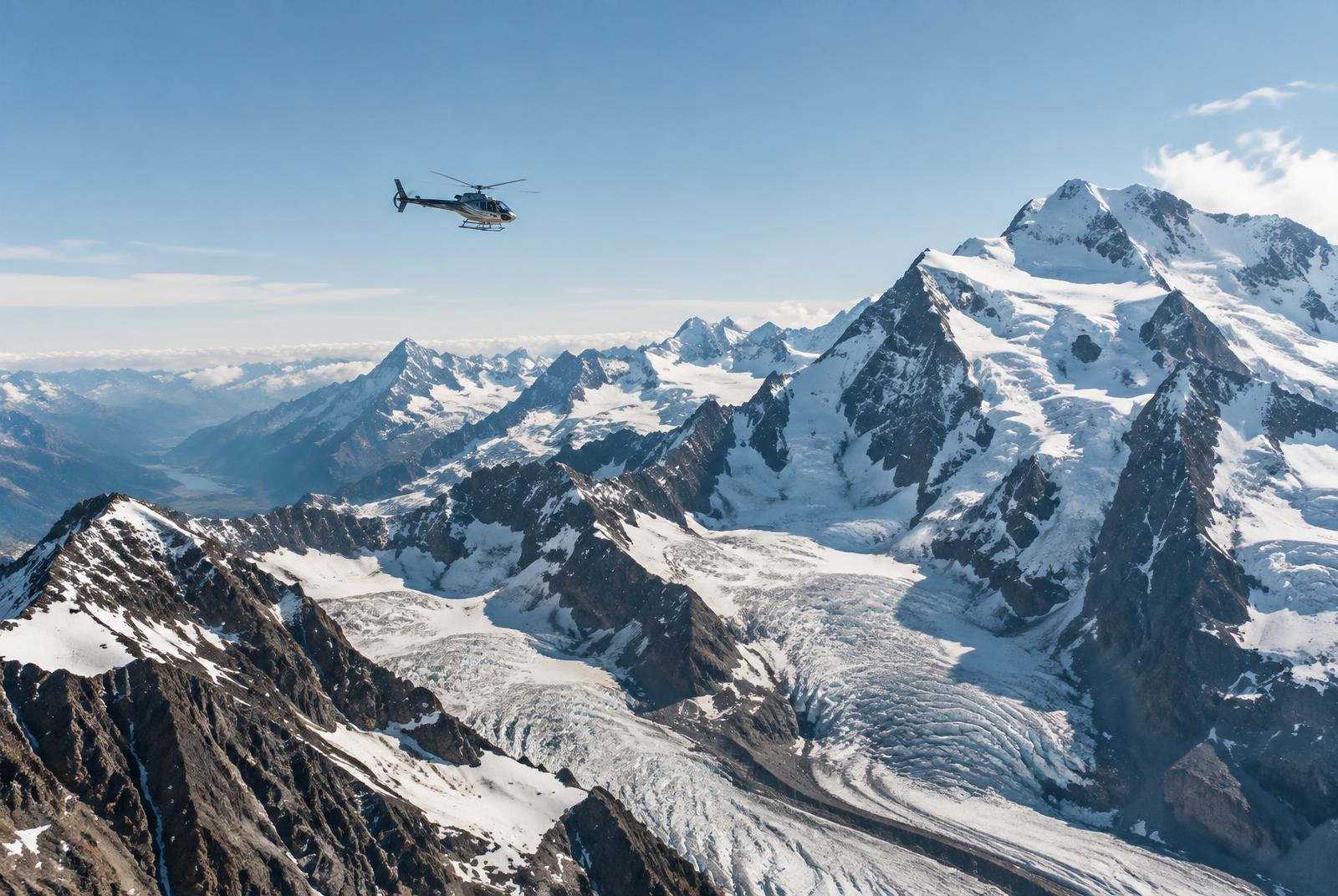 Helikopter över snötäckta toppar och glaciärer i Alperna