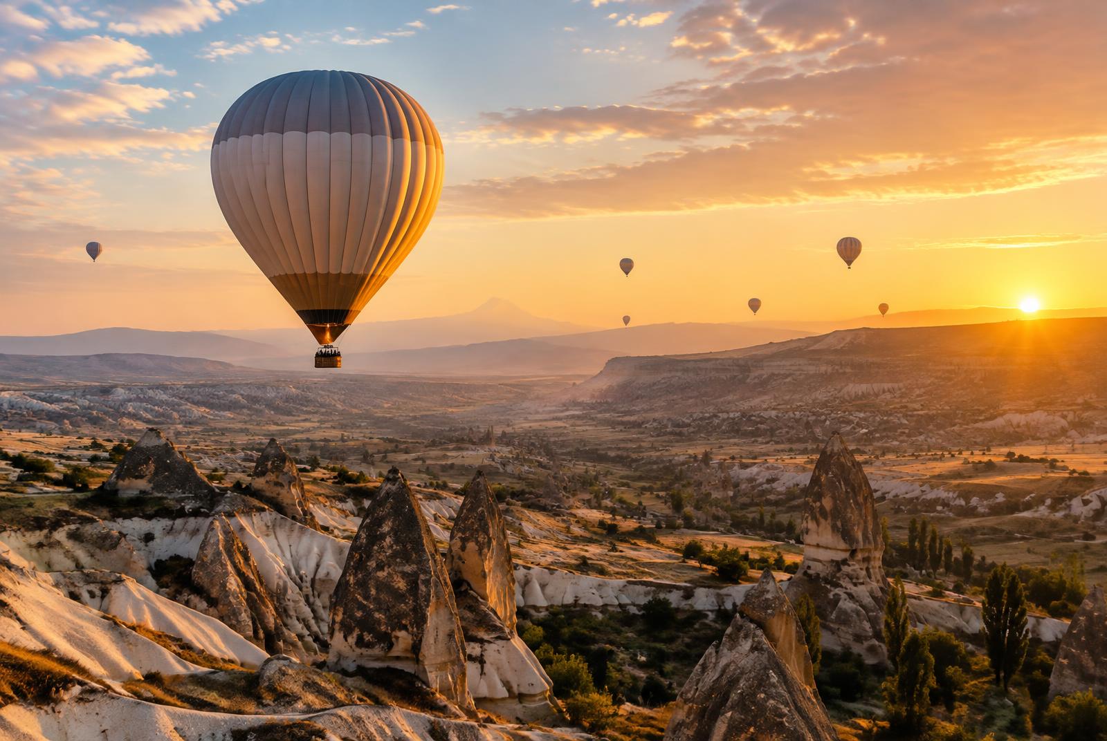 Luftballonger över Kappadokiens klippdalar i soluppgång