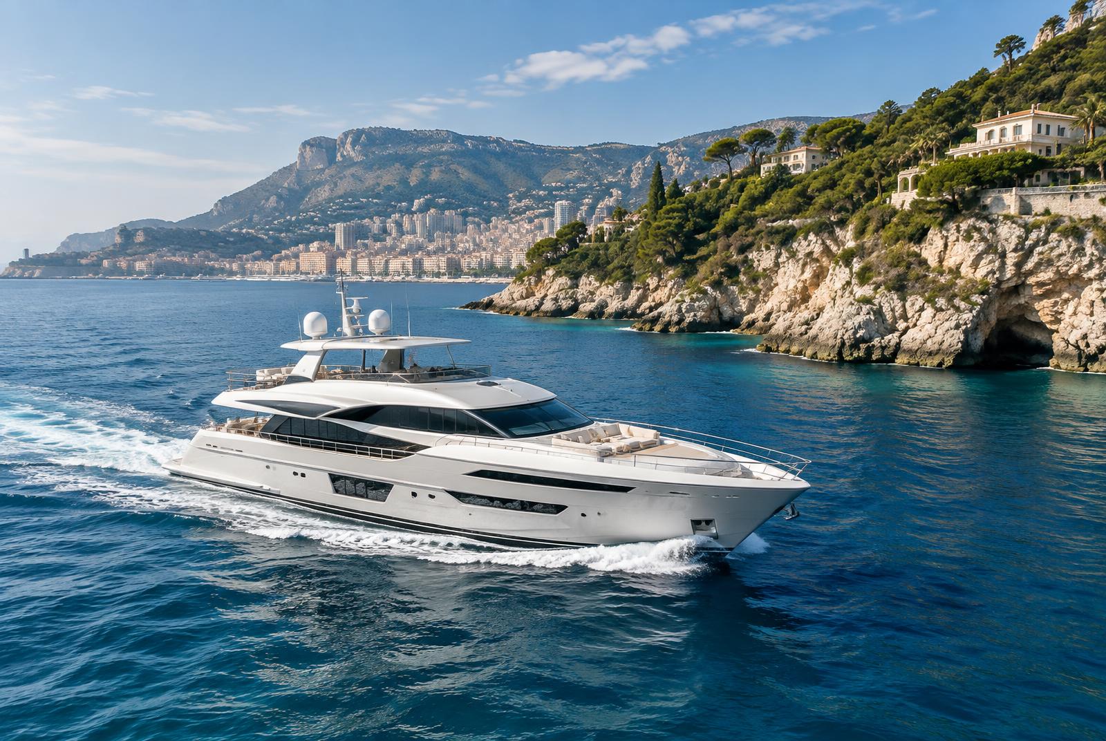 Elegant yacht längs Franska rivierans klippiga kust